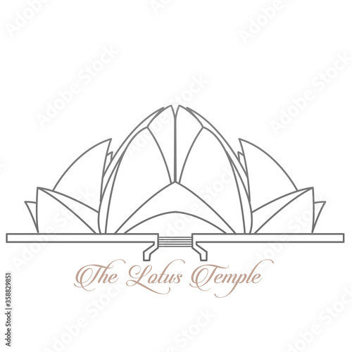 Lotus Temple India Outline illustration- The Lotus Temple is a Bahai House of Worship and popular Landmark