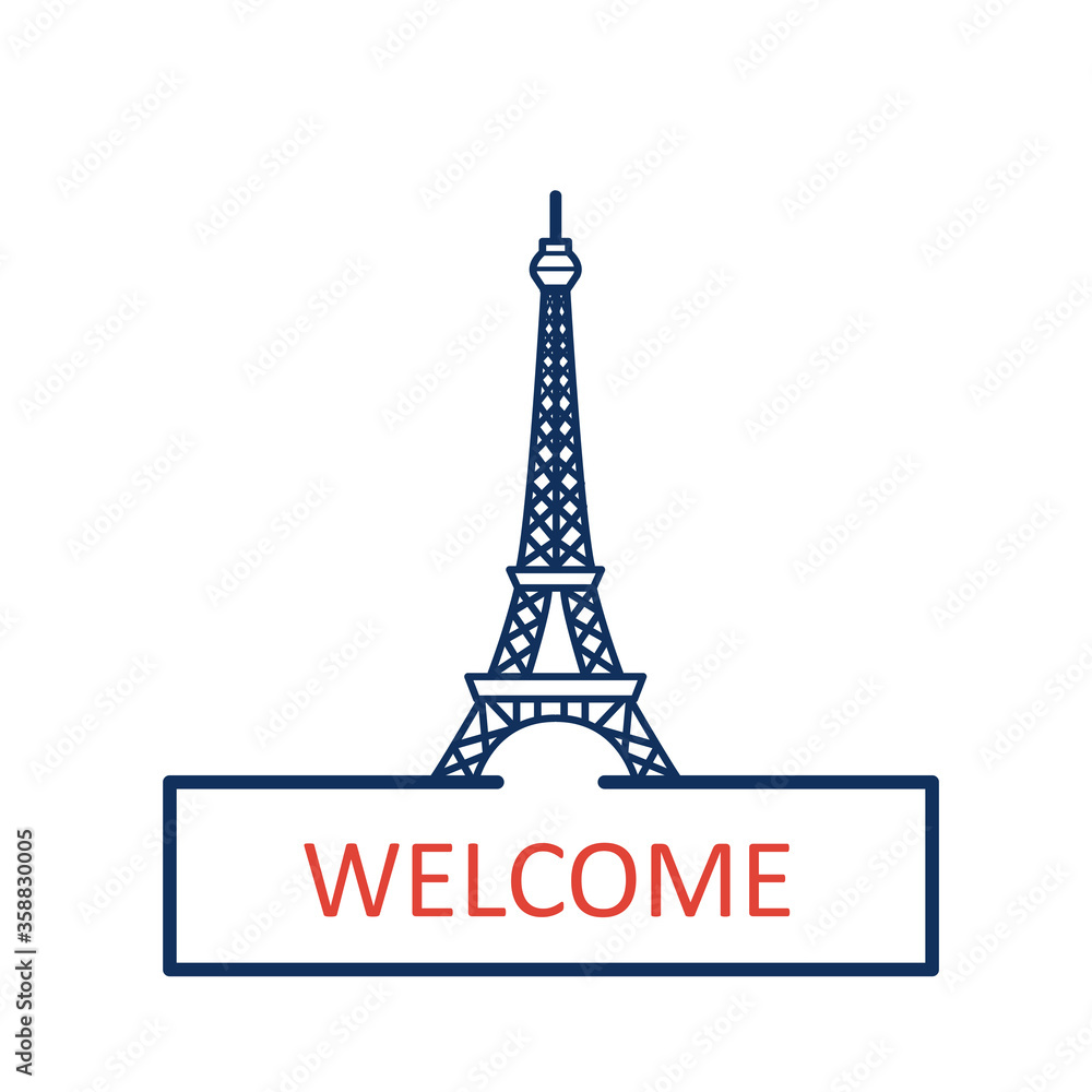 Welcome to Paris- Line art of the Eiffel tower famous landmark of France 