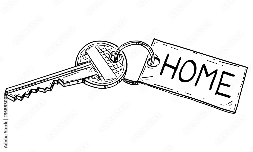 Vector cartoon drawing conceptual illustration of house key with home  , Buying or Owning House or Apartment. Stock Vector | Adobe  Stock