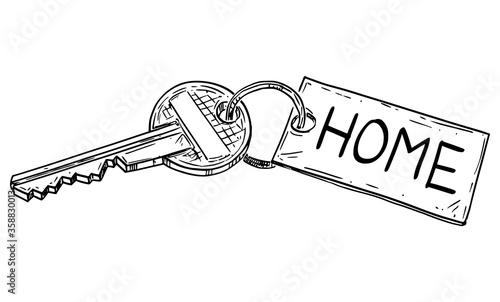 Vector cartoon drawing conceptual illustration of house key with home sign.Renting, Buying or Owning House or Apartment.