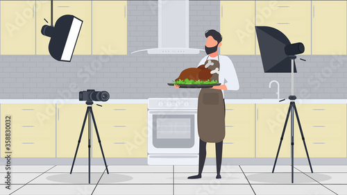 A male cook in the kitchen has a culinary blog. The guy in the kitchen apron is holding fried chicken. Vector.