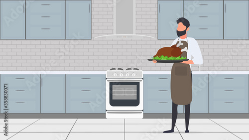 A man holds a roast turkey in his hand. The guy in the kitchen apron is holding fried chicken. Good for banners and articles on the culinary theme. Vector.