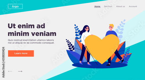 Visually impaired woman and man holding big heart. Romance, care, support flat vector illustration. Love and relationship concept for banner, website design or landing web page
