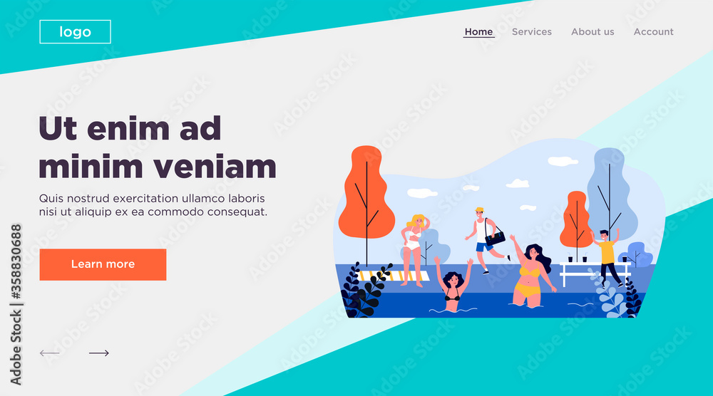 People enjoying recreation on beach. Getting tan, swimming in lake, nature flat vector illustration. Summer, vacation, outdoor activity concept for banner, website design or landing web page People enjoying recreation on beach. Getting tan, swimming in lake, nature flat vector illustration. Summer, vacation, outdoor activity concept for banner, website design or landing web page