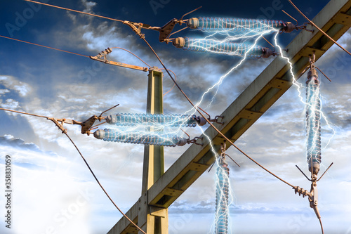 High Voltage Power Line Connection with lightnings. Electrical connection of a very high voltage transformer to produce electricity photo