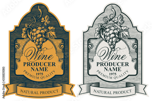 Wine labels with a bunch of grapes, a ribbon and a calligraphic inscription in a figured frame. Vector set of ornate hand-drawn labels in vintage style