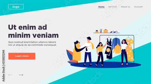 Shop sellers and assistance hanging clothes and price tags on racks. Main master designer dressing mannequin. Vector illustration for boutique, fashion house, industry, clothing design concept