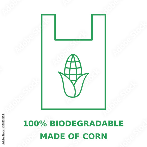 Biodegradable plastic bag made of corn starch. Green bag with corn cob line icon. Sustainable packaging. Compostable shopping bag made of natural material. Vector illustration, outline, flat, clip art