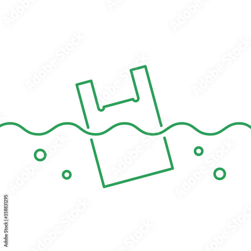 Plastic bag floating in the water (sea, river, lake). Line icon. Plastic pollution concept. Environmental damage. Littering and garbage in ocean and nature. Vector illustration, outline, flat,clip art