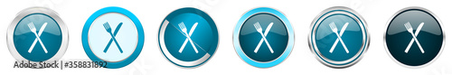 Restaurant silver metallic chrome border icons in 6 options, set of web blue round buttons isolated on white background