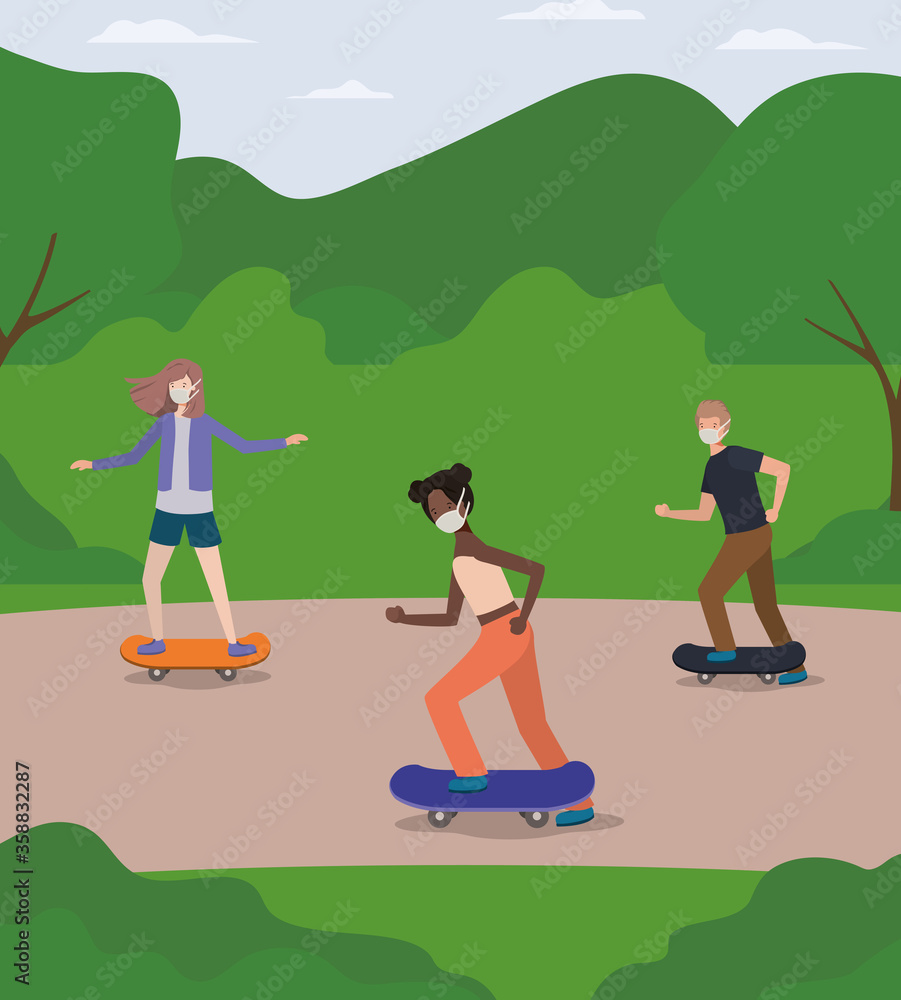 People with masks on skateboards at park design of medical care and covid 19 virus theme Vector illustration