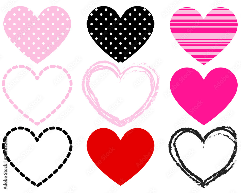 Set of vector hearts for social app icons, live stream, chat, likes. Love icon, symbol or button on white. Pink hearts for wedding, valentine’s day