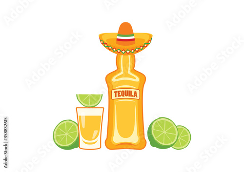 Tequila bottle and shot with lime icon vector. Tequila shot with lime vector. Tequila bottle with sombrero vector. Mexican alcoholic drink icon isolated on a white background