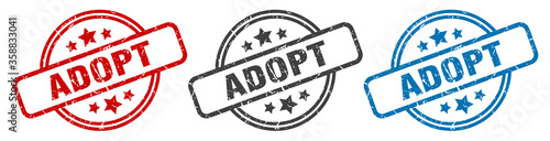 adopt stamp. adopt round isolated sign. adopt label set