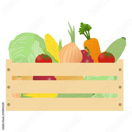 Wooden box with vegetables isolated on a white background. Vector illustration for design.