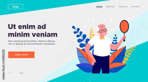 Smiling man looking at himself in mirror. Granddad imagining himself as young guy flat vector illustration. Narcissism and reflection concept for banner, website design or landing web page