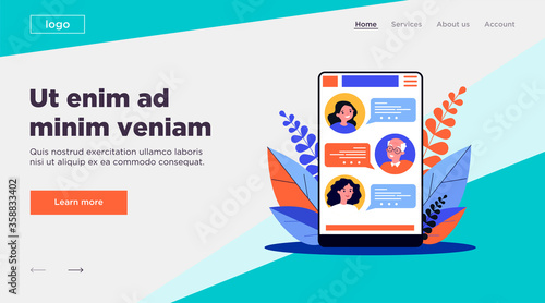 Online family chat. Children using smartphone app or messenger for grandpa texting flat vector illustration. Social distance, lockdown concept for banner, website design or landing web page