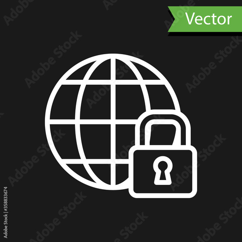 White line Global lockdown - locked globe icon isolated on black background. Vector.