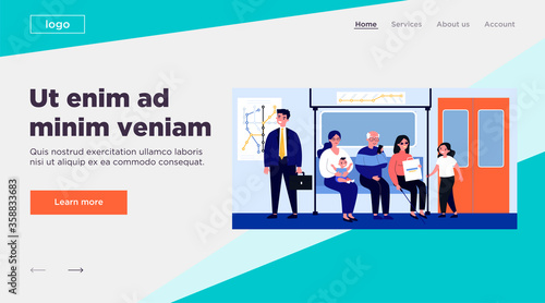 Diverse passengers in subway train. Senior, handicapped people, woman with baby on seat flat vector illustration. Transportation, society concept for banner, website design or landing web page