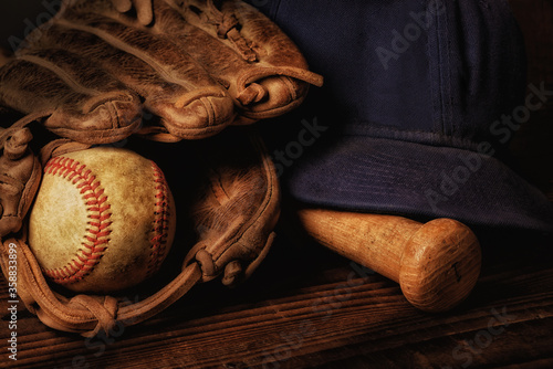 Photography Baseball Equipment Still Life, with bat, ball, glove and cap