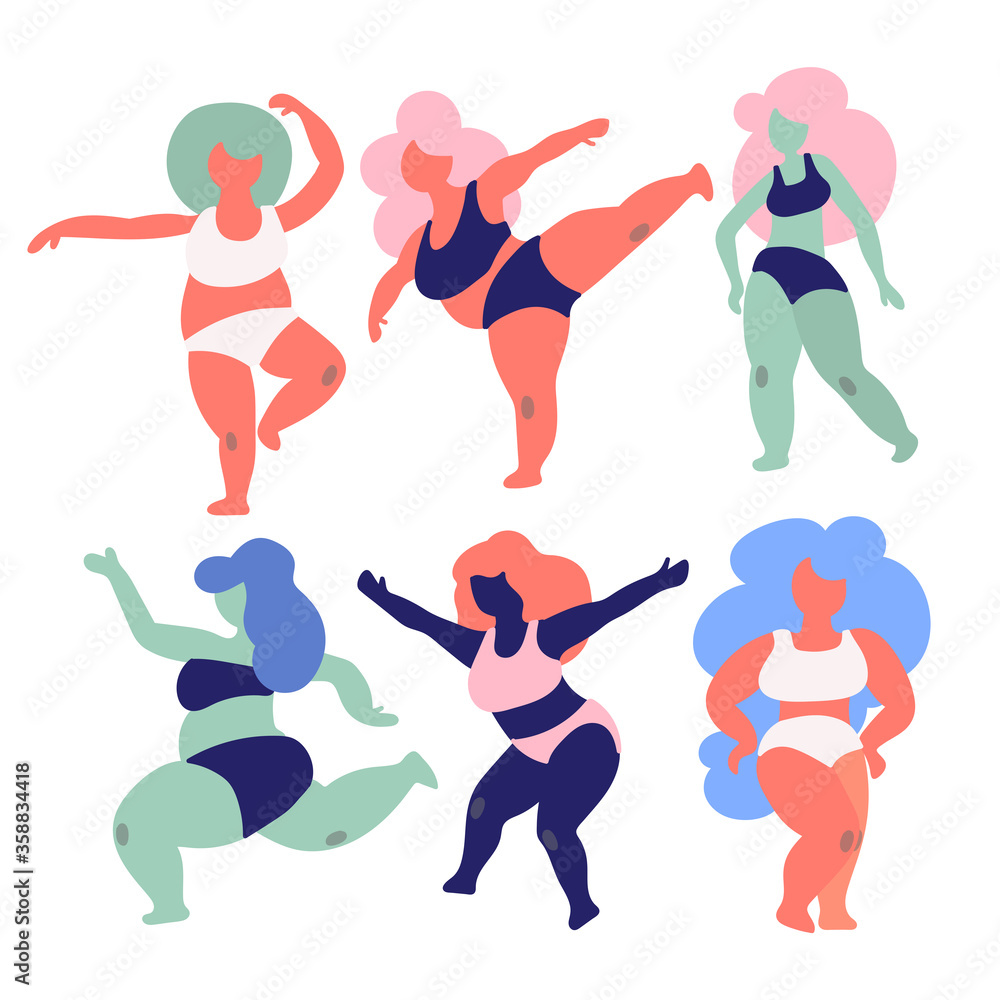 Happy beautiful active plus size girls vector illustration. Body positive concept. Plump girls in bra and panties, female characters dancing. Body positive set