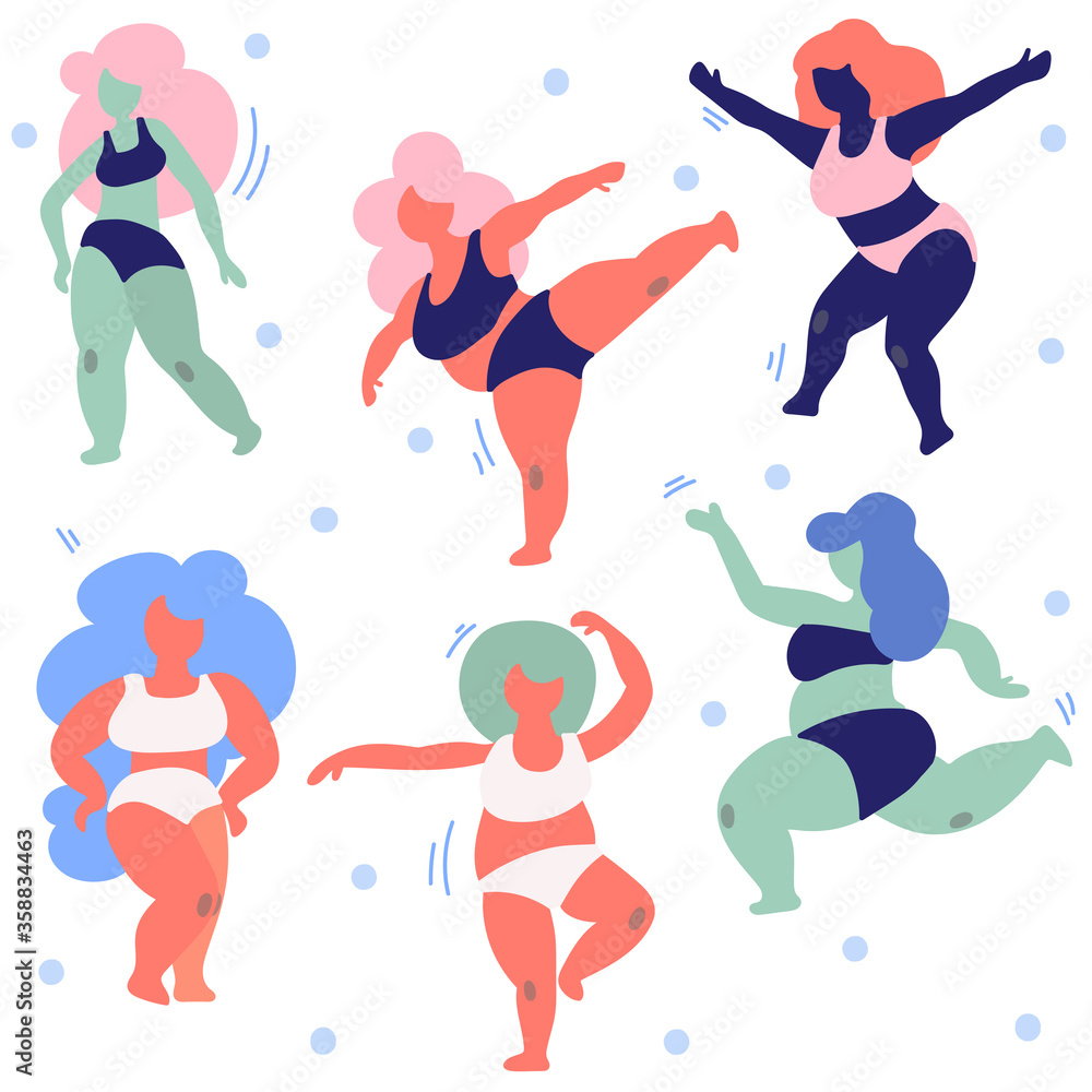 Happy beautiful active plus size girls vector illustration. Body positive concept. Plump girls in bra and panties, female characters dancing. Body positive set