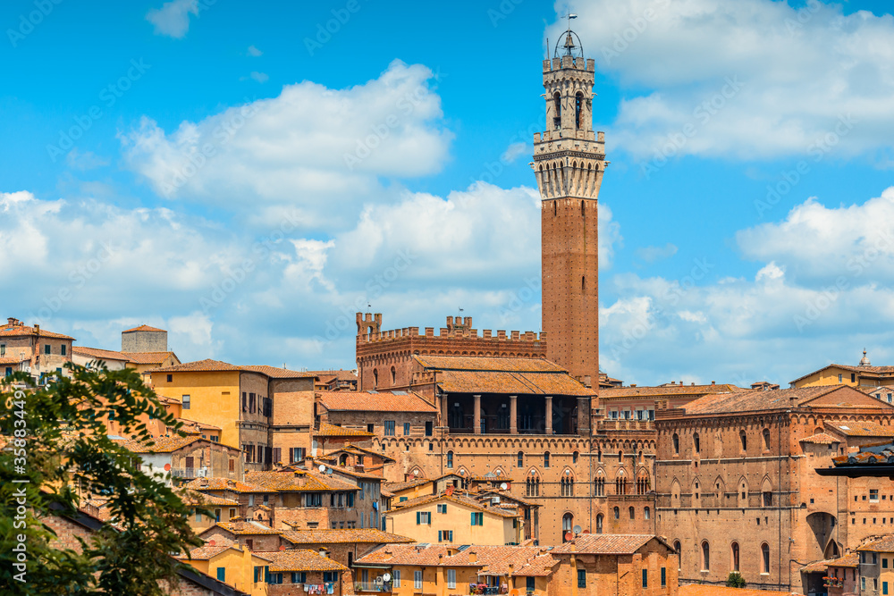 The skyline of the historic centre of Siena with the back of the Palazzo Pubblico and the Torre del Mangia from near the Monastero di Sant'Agostino.