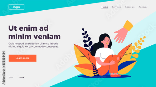 Young woman getting help and cure from stress flat vector illustration. Girl feeling anxiety and loneliness. Helping hand. Psychotherapy, counseling and psychological support concept.