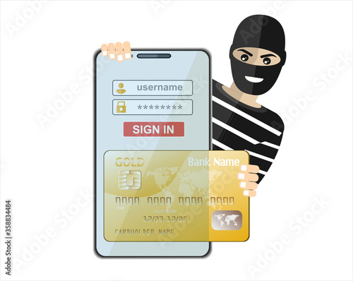 Cyber thief, internet scammer. Thief steals money from online wallet, credit card. Poster for web page, banner, presentation, social media. Flat design vector illustration