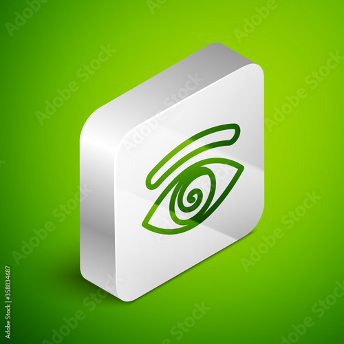 Isometric line Hypnosis icon isolated on green background. Human eye with spiral hypnotic iris. Silver square button. Vector.