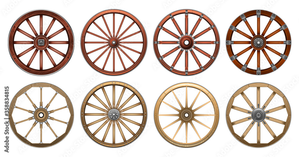 Wheel of west wild isolated realistic set icon. Vector realistic set icon wooden cartwheel. Vector illustration wheel of west wild on white background. Wheel of west wild isolated realistic set icon. Vector realistic set icon wooden cartwheel. Vector illustration wheel of west wild on white background.