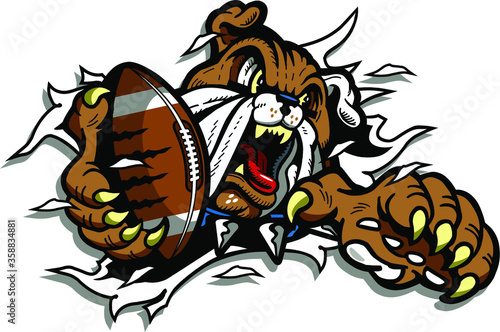 bulldog football mascot holding ball in paw ripping through background for school, college or league