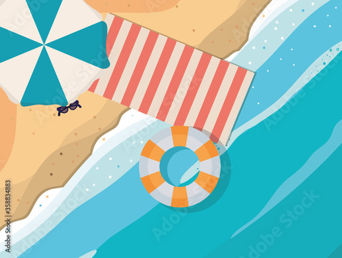 beach with towel umbrella and float top view design, Summer vacation and tropical theme Vector illustration