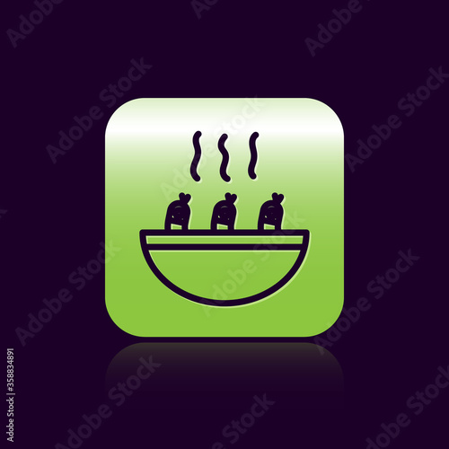 Black line Soup with shrimps icon isolated on black background. Tom yum kung soup. Green square button. Vector..