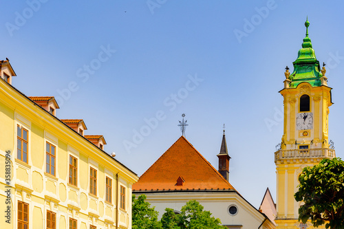 Canvas Print Architecture of Bratislava, capital of Slovakia, which lays on both banks of the Danube River and the left bank of the Morava River
