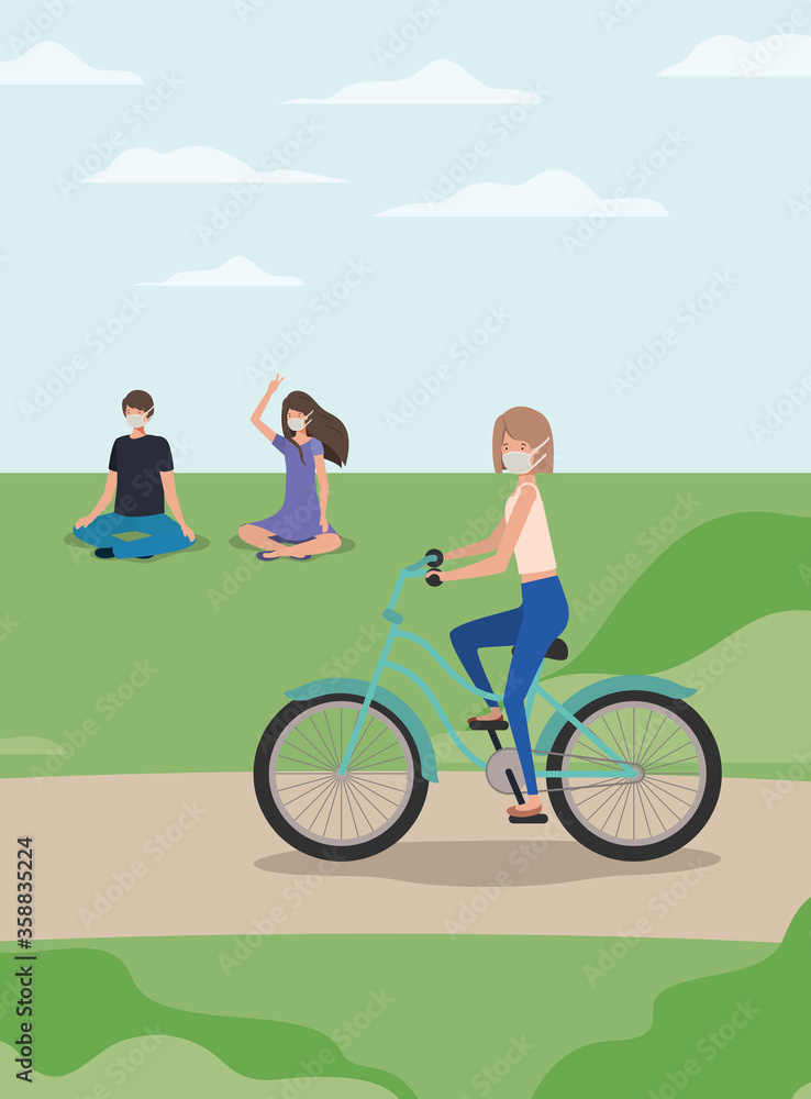 Girl with mask on cycle and people at park design of medical care and covid 19 virus theme Vector illustration Girl with mask on cycle and people at park design of medical care and covid 19 virus theme Vector illustration