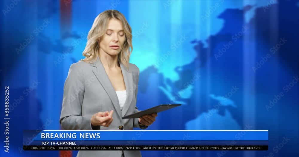 Caucasian beautiful woman reporter narrator telling news and explaining emotionally about covid-19 in studio. Blue interactive background with world map. Female journalist broadcasting on air.
