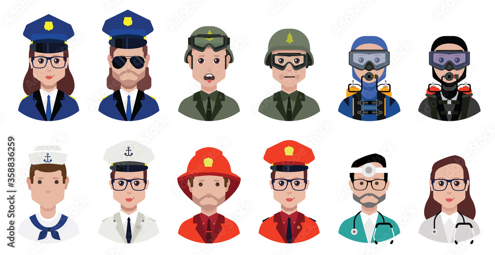Police avatar ,fireman avatar , soldier avatar, sailor avatar vector icons Police avatar ,fireman avatar , soldier avatar, sailor avatar vector icons