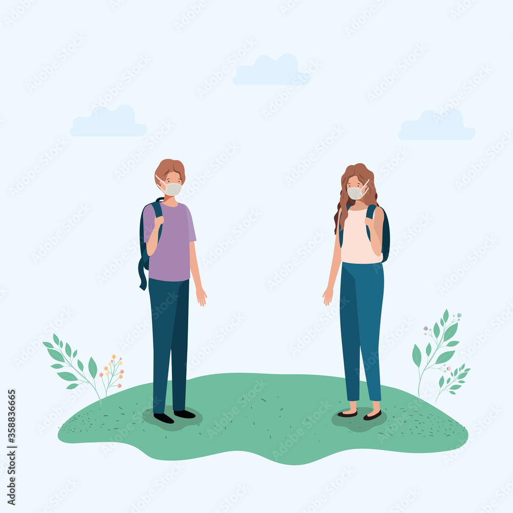 Girl and boy with mask and bag at park design of medical care and covid 19 virus theme Vector illustration