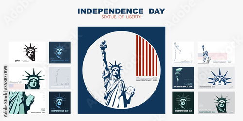 Independence day portrait Statue of Liberty, poster presentation. Set of green flat design templates. USA flag Holiday. The national symbol of America New York, banner.Name of advertising text, vector