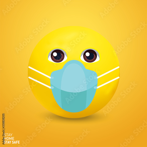 Emoji with mouth mask, yellow face with surgical mask