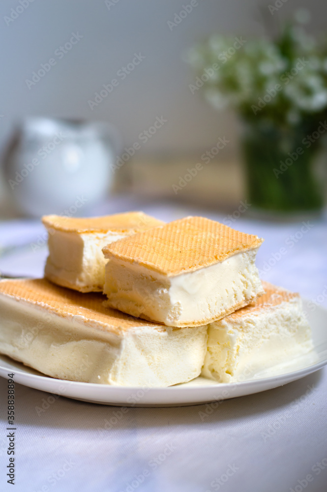 Sandwich vanila ice cream with waffles, Plombir