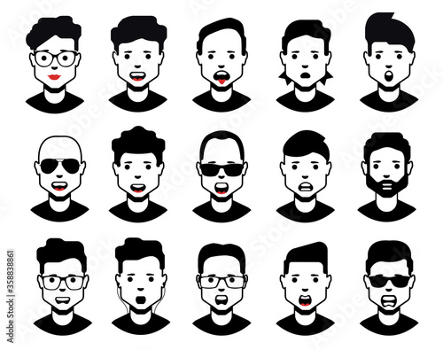 Flat line black avatar icons collection of people avatars for social network, social media.