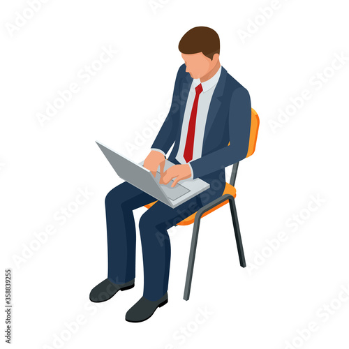 Isometric businessman isolated on write. Creating an office worker character, cartoon people. Businessman Working at the laptop. Man looking at the laptop screen.