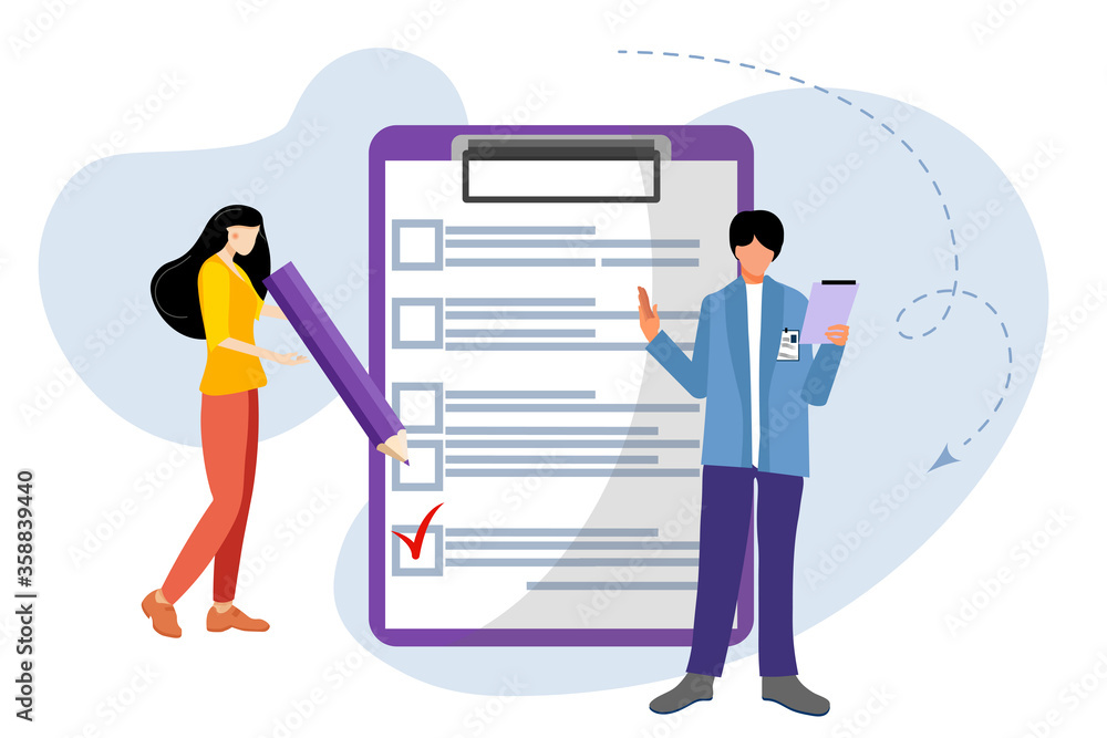 Checklist. Elections. Girl and guy with a checklist and check boxes. Business plan, marketing strategy, survey, Checklist. Elections. Girl and guy with a checklist and check boxes. Business plan, marketing strategy, survey,