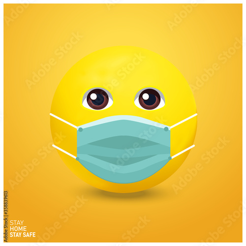 Emoji with mouth mask, yellow face with surgical mask