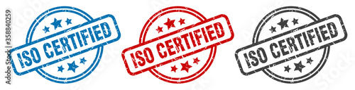 iso certified stamp. iso certified round isolated sign. iso certified label set