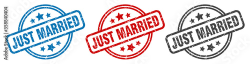 just married stamp. just married round isolated sign. just married label set