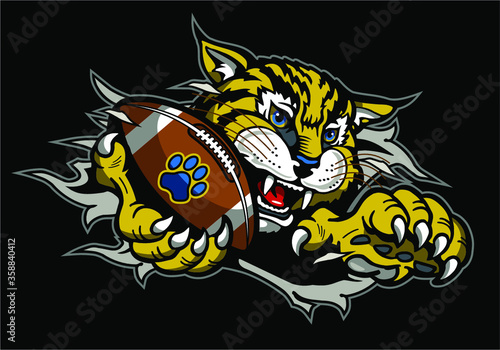 bobcat football mascot holding ball in claw ripping through background for school, college or league