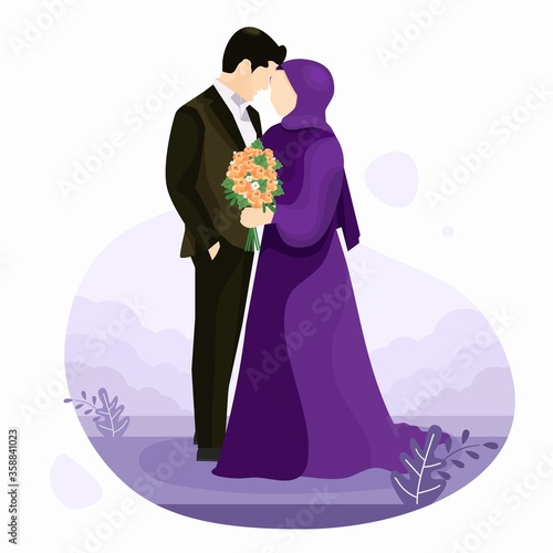 Vector illustration of Muslim couples marriage, with a Man wearing Brwon Suit and Woman holding a flower in her hand wearing Hijab and Puple dress